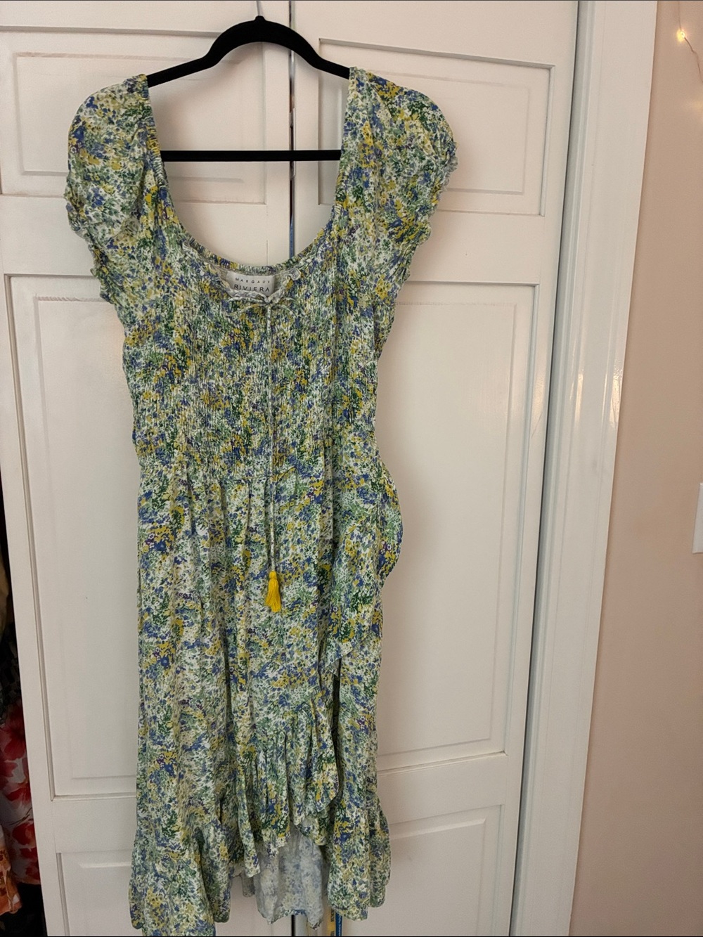 Floral smocked summer dress in yellow and blue
